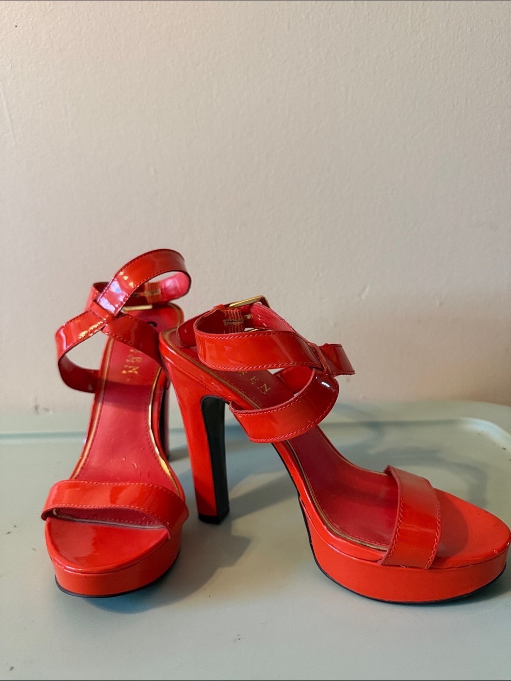 Ralph Lauren Red Patent Platform Strappy High Heels